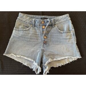 Sincerely Jules Jean Shorts Size 5/27 Button Fly High Rise Denim Raw Hem Cheeky